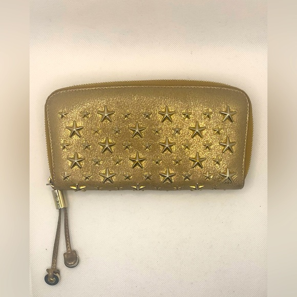 JIMMY CHOO STAR STUDDED ZIP AROUND WALLET GOLD Authentic - Picture 1 of 7